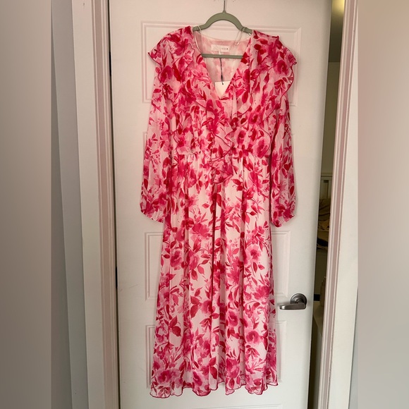 Pink Floral V-Neck Long Sleeve Midi Dress | Zara - Picture 2 of 7